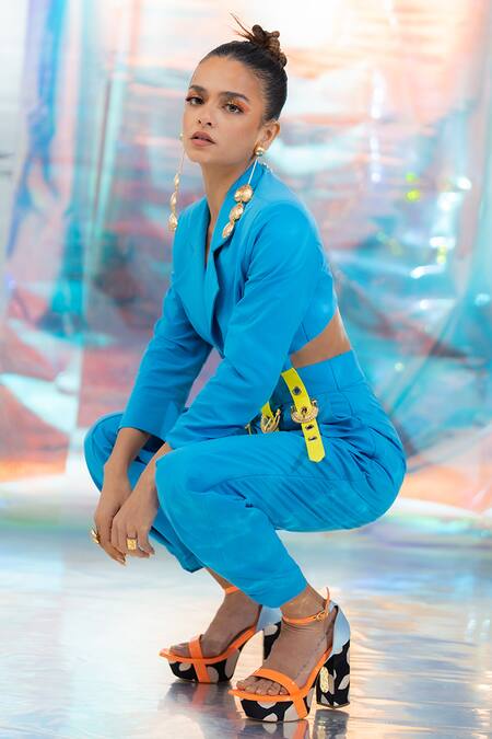 Shop_Papa Don't Preach Pret_Blue Satin Buckles Collared Strap Embellished Jumpsuit _Online_at_Aza_Fashions