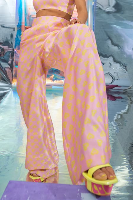 Shop_Papa Don't Preach_Pink Satin Pac Street Girl Print Flared Pant _at_Aza_Fashions