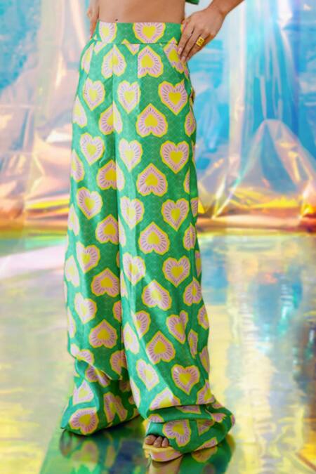 Papa Don't Preach Pret_Green Satin Halter Neck Blinding Hearts Print Bralette And Flared Pant Set _Online_at_Aza_Fashions