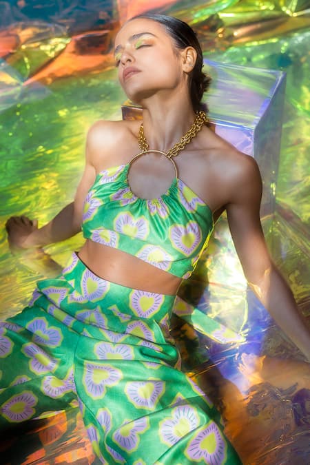 Papa Don't Preach Pret_Green Satin Halter Neck Blinding Hearts Print Bralette _Online_at_Aza_Fashions