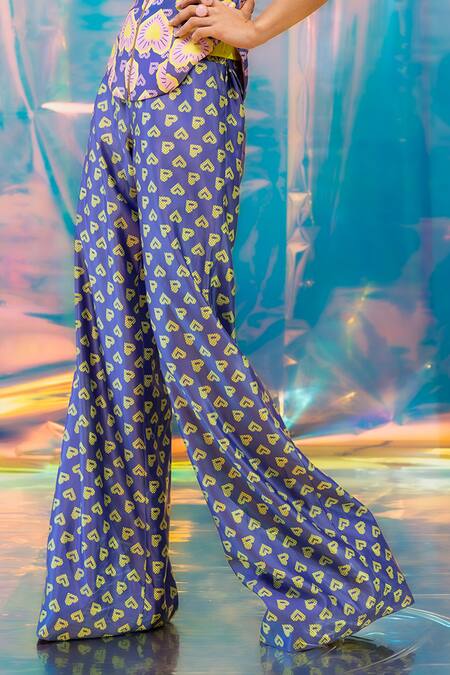 Buy_Papa Don't Preach Pret_Blue Satin Pac Street Girl Print Flared Pant _Online_at_Aza_Fashions