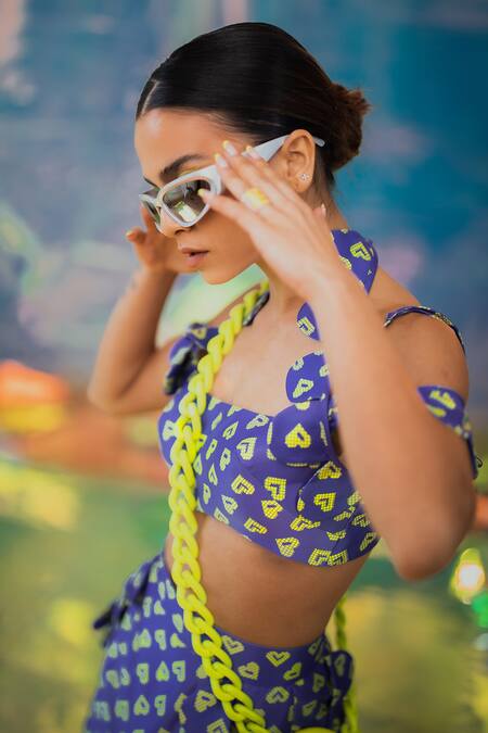 Buy_Papa Don't Preach Pret_Blue Satin Pac Street Girl Print Skirt _Online_at_Aza_Fashions