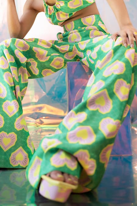 Papa Don't Preach Pret_Green Satin Blinding Hearts Print Flared Pant _Online_at_Aza_Fashions