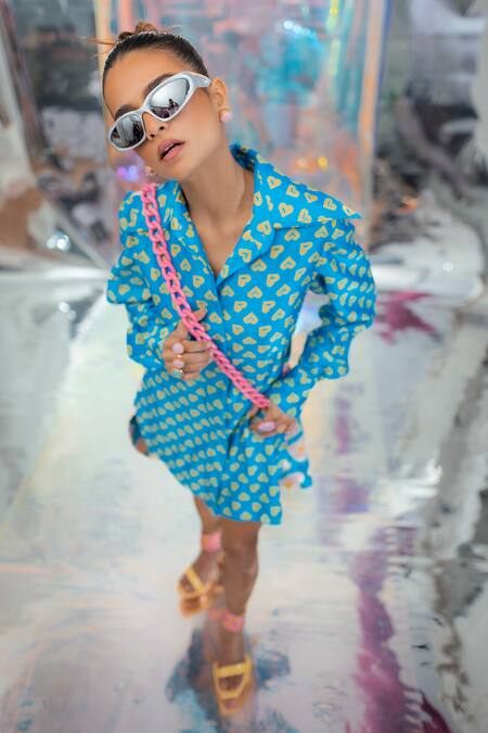 Papa Don't Preach Pret_Blue Satin Collared Pac Street Girl And Blinding Hearts Print Dress _Online_at_Aza_Fashions