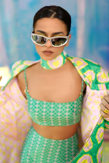 Papa Don't Preach Pret Green Satin Square Neck Blinding Hearts Print Bomber Jacket Online at Aza Fashions Papa Don't Preach Pret_Green Satin Square Neck Blinding Hearts Print Bomber Jacket _Online_at_Aza_Fashions