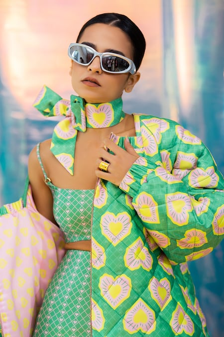 Buy Papa Don't Preach Pret Green Satin Square Neck Blinding Hearts Print Bomber Jacket Online at Aza Fashions Buy_Papa Don't Preach Pret_Green Satin Square Neck Blinding Hearts Print Bomber Jacket _Online_at_Aza_Fashions