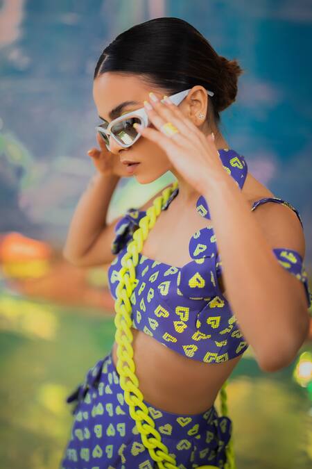 Shop_Papa Don't Preach Pret_Blue Satin Square Neck Pac Street Girl Print Bralette And Skirt Set _Online_at_Aza_Fashions