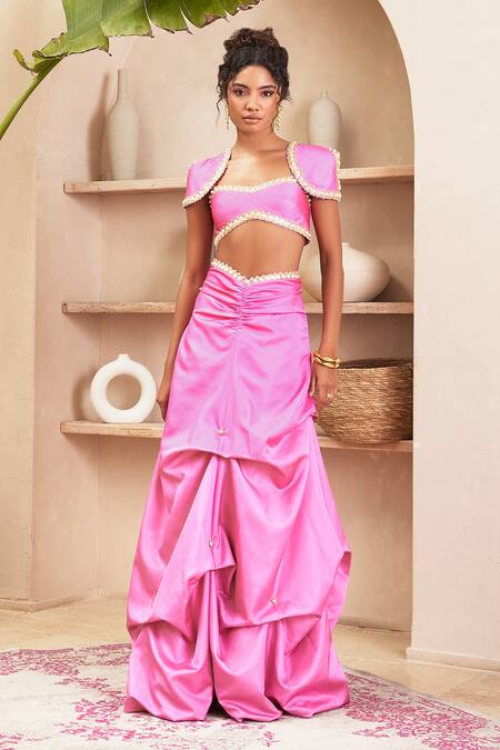 Shop_Papa Don't Preach Pret_Pink Taffeta Pearls, Applique Sweetheart Neck Angela Balloon Skirt And Blouse Set_Online_at_Aza_Fashions