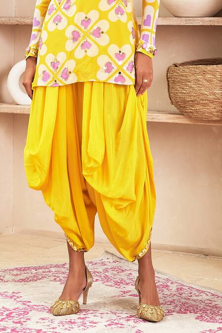 Papa Don't Preach Pret_Yellow Crepe Sequins V-neck Ambre Periwinkle Heart Print Tunic With Dhoti Pant_Online_at_Aza_Fashions