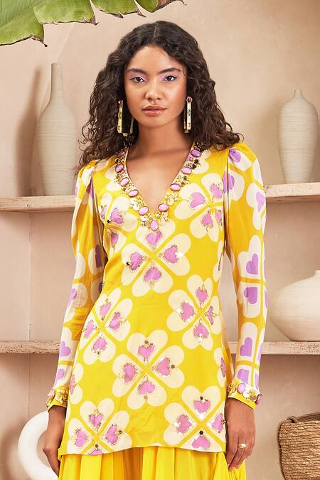 Buy_Papa Don't Preach Pret_Yellow Crepe Sequins V-neck Ambre Periwinkle Heart Print Tunic With Dhoti Pant_Online_at_Aza_Fashions