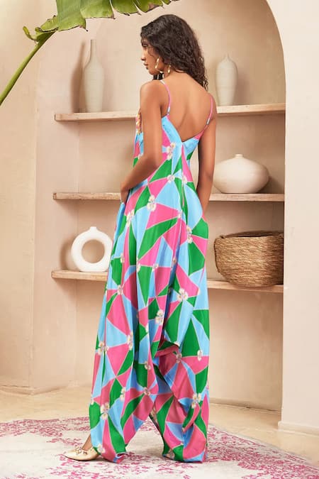 Shop Papa Don't Preach Pret Multi Color Crepe Embroidery Sweetheart Neck Ariella Abstract Print Jumpsuit at Aza Fashions Shop_Papa Don't Preach Pret_Multi Color Crepe Embroidery Sweetheart Neck Ariella Abstract Print Jumpsuit_at_Aza_Fashions