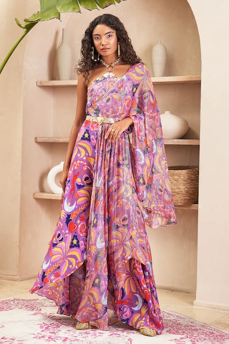 Papa Don't Preach Pret Purple Crepe Print Jungle Halter Neck Abigail Saree Draped Jumpsuit 