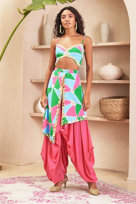 Papa Don't Preach Pret Pink Crepe Print Abstract Sweetheart Neck Phoebe Top With Panelled Dhoti Pant 