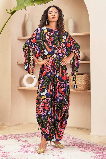 Papa Don't Preach Pret Multi Color Crepe Embellished Graphic Round Leila Pattern Draped Kaftan 