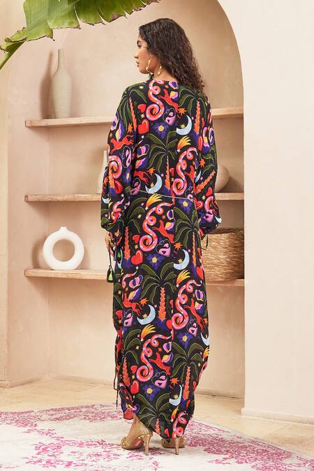 Shop_Papa Don't Preach Pret_Multi Color Crepe Embroidery Round Neck Leila Graphic Pattern Draped Kaftan_at_Aza_Fashions