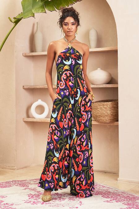 Papa Don't Preach Pret_Black Crepe Sequins Halter Neck Eden Graphic Pattern Jumpsuit_Online_at_Aza_Fashions