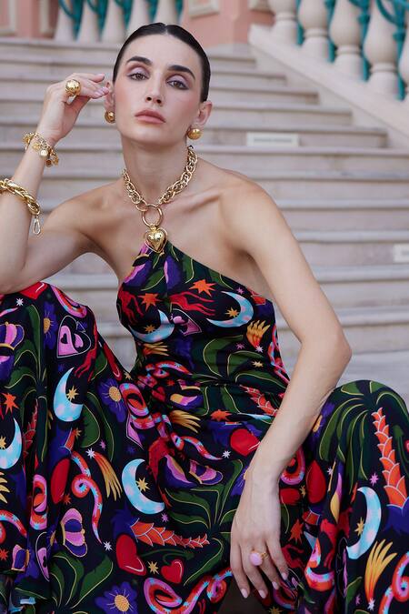 Shop_Papa Don't Preach Pret_Black Crepe Sequins Halter Neck Eden Graphic Pattern Jumpsuit_Online_at_Aza_Fashions