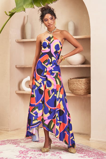 Papa Don't Preach Pret Multi Color Crepe Embellished Geometric Abstract Halter Taylor Pattern Jumpsuit 