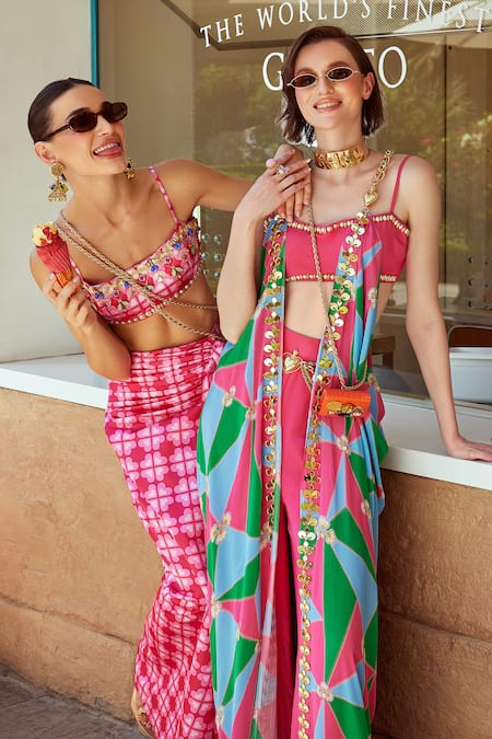 Shop_Papa Don't Preach Pret_Pink Taffeta Sequins, Gracelyn Floral Heart Pattern Bustier With Draped Skirt_Online_at_Aza_Fashions