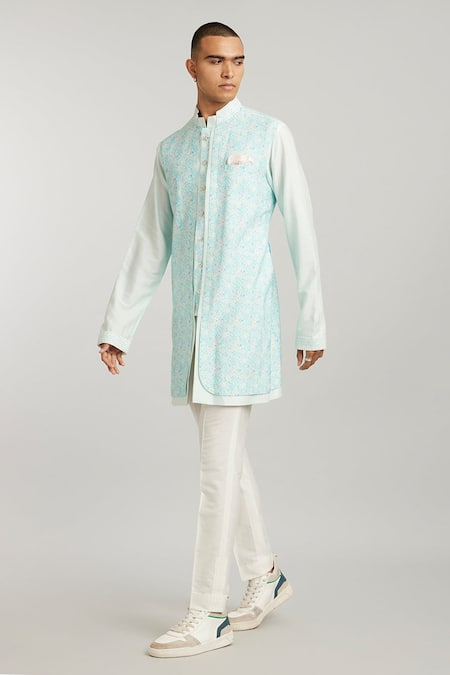 Shop_Bubber Couture_Blue Cotton, Silk Santos Printed Layered Kurta With Pant _at_Aza_Fashions