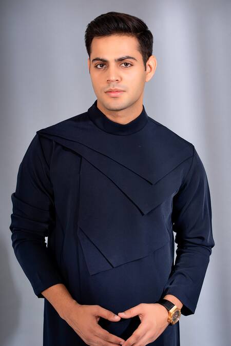 Buy Menero Blue Chanderi Silk, Crepe Asymmetric Layered Kurta With Pant Online at Aza Fashions Buy_Menero_Blue Chanderi Silk, Crepe Asymmetric Layered Kurta With Pant _Online_at_Aza_Fashions