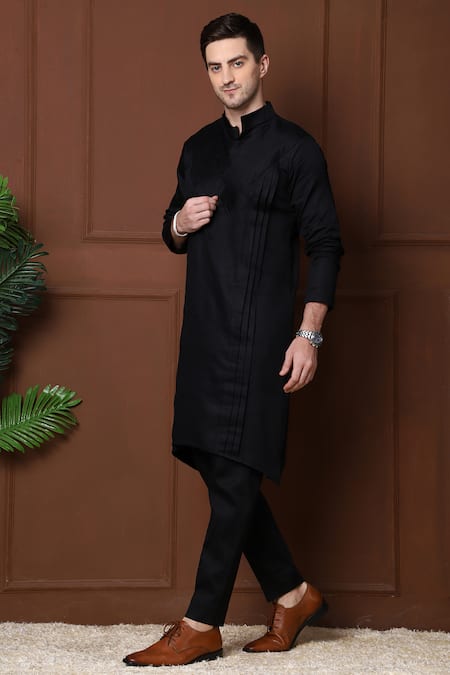 Shop_Menero_Black Cotton Pintuck Solid Kurta With Pant _at_Aza_Fashions