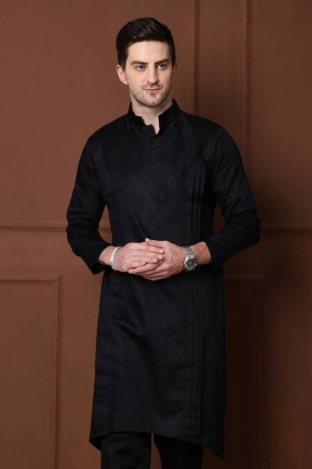 Buy_Menero_Black Cotton Pintuck Solid Kurta With Pant _Online_at_Aza_Fashions