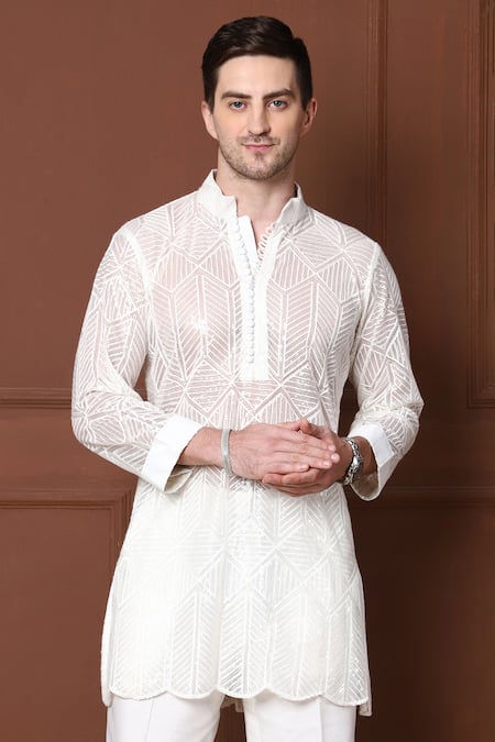 Menero_White Georgette, Chanderi Silk Sequins, Geometric Short Kurta With Pant _Online_at_Aza_Fashions