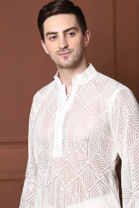 Buy_Menero_White Georgette, Chanderi Silk Sequins, Geometric Short Kurta With Pant _Online_at_Aza_Fashions