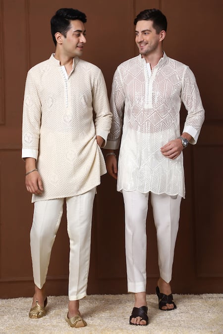 Shop_Menero_White Georgette, Chanderi Silk Sequins, Geometric Short Kurta With Pant _Online_at_Aza_Fashions