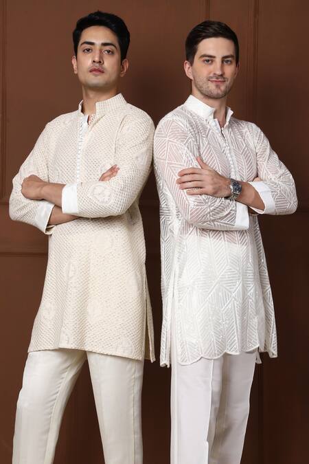 Menero_White Georgette, Chanderi Silk Sequins, Geometric Short Kurta With Pant _at_Aza_Fashions
