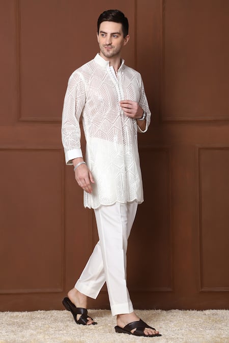 Shop_Menero_White Georgette, Chanderi Silk Sequins, Geometric Short Kurta With Pant 
