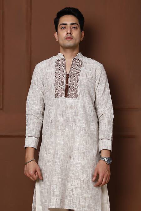 Menero_Brown Cotton, Linen, Handloom Cotton, Silk Thread Bodice Kurta With Pant _Online_at_Aza_Fashions