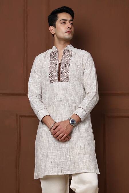 Shop_Menero_Brown Cotton, Linen, Handloom Cotton, Silk Thread Bodice Kurta With Pant _Online_at_Aza_Fashions