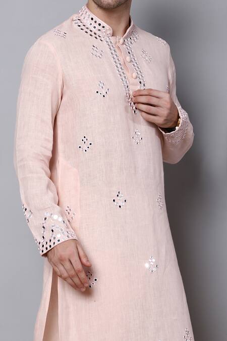 Buy_Menero_Pink Linen Mirrors Embroidered Kurta Set _Online_at_Aza_Fashions