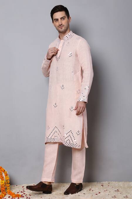 Shop_Menero_Pink Linen Mirrors Embroidered Kurta Set _Online_at_Aza_Fashions