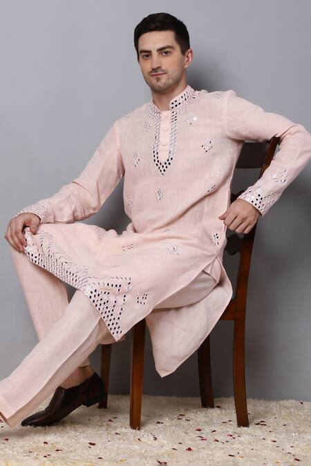 Menero_Pink Linen Mirrors Embroidered Kurta Set _at_Aza_Fashions