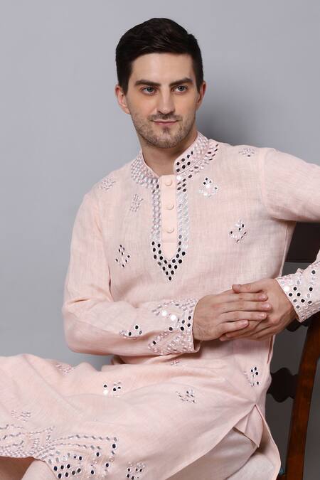 Buy_Menero_Pink Linen Mirrors Embroidered Kurta Set 