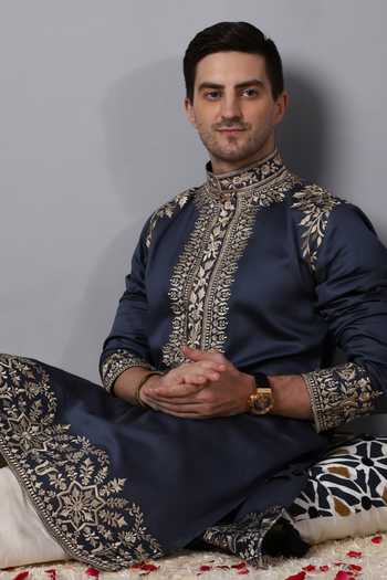 Menero_Blue Cotton Embroidery Thread Kurta Pant Set For Kids_Online_at_Aza_Fashions