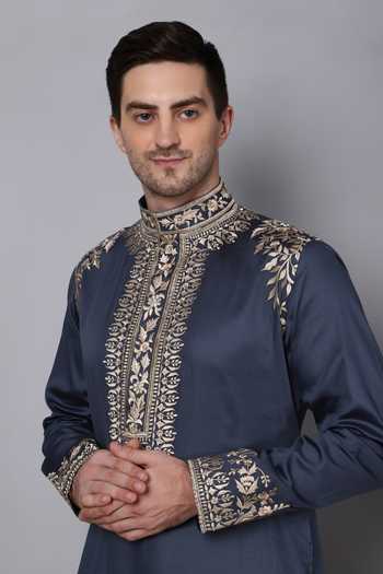 Buy_Menero_Blue Cotton Embroidery Thread Kurta Pant Set For Kids_Online_at_Aza_Fashions