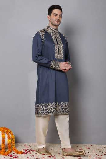 Shop_Menero_Blue Cotton Embroidery Thread Kurta Pant Set For Kids_Online_at_Aza_Fashions