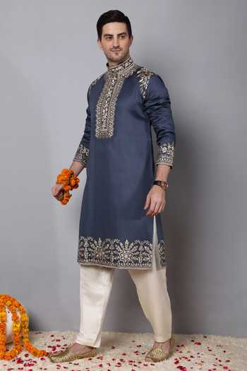 Menero_Blue Cotton Embroidery Thread Kurta Pant Set For Kids_at_Aza_Fashions