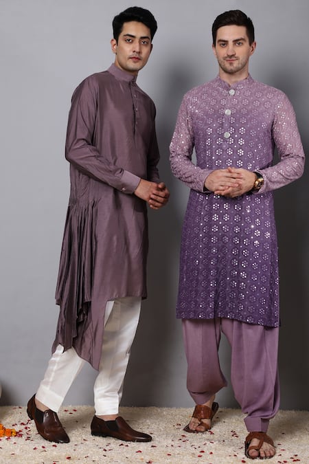 Menero_Pink Chanderi Silk, Cotton Solid Draped Kurta With Pant _Online_at_Aza_Fashions