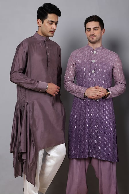 Menero_Pink Chanderi Silk, Cotton Solid Draped Kurta With Pant _at_Aza_Fashions