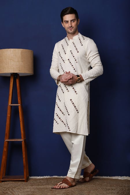 Shop_Menero_Off White , Satin Embroidery Floral Kurta Set _Online_at_Aza_Fashions