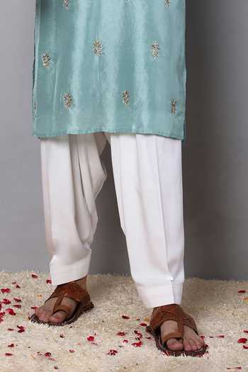 Menero_Blue Cotton, Rayon, Silk Embroidery Dabka Kurta With Pathani _Online_at_Aza_Fashions