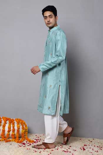 Buy_Menero_Blue Cotton, Rayon, Silk Embroidery Dabka Kurta With Pathani _Online_at_Aza_Fashions