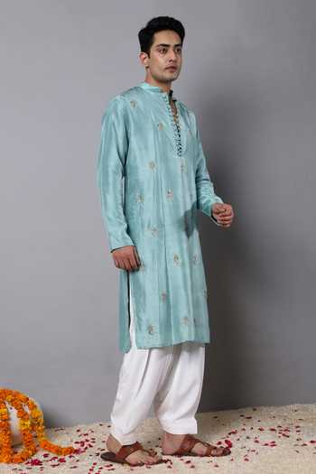 Shop_Menero_Blue Cotton, Rayon, Silk Embroidery Dabka Kurta With Pathani _Online_at_Aza_Fashions