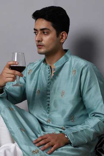 Buy_Menero_Blue Cotton, Rayon, Silk Embroidery Dabka Kurta With Pathani 