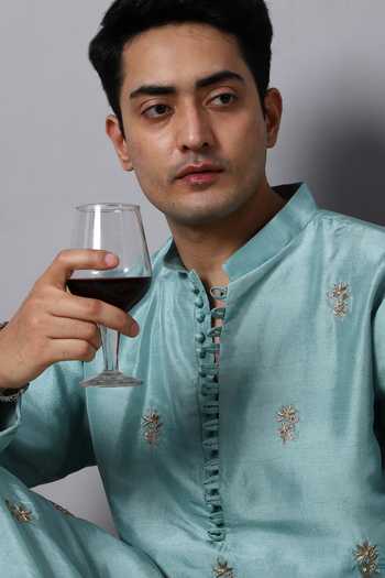 Shop_Menero_Blue Cotton, Rayon, Silk Embroidery Dabka Kurta With Pathani 